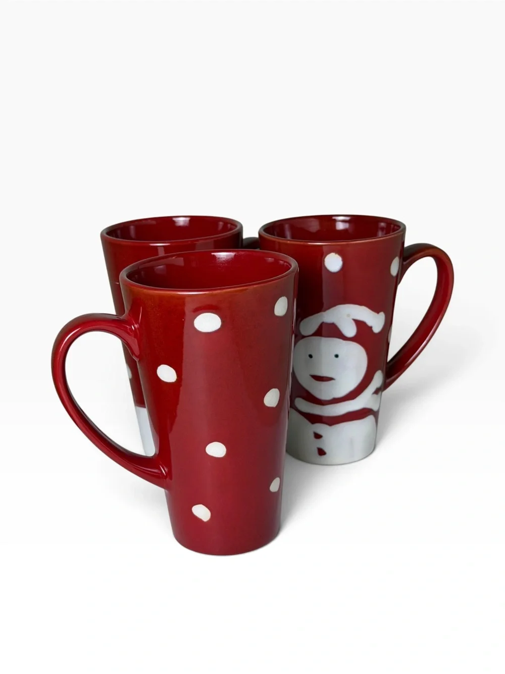 Pier 1 Snowman Christmas Mugs Set of 3 Hand Painted Red Holiday Stoneware